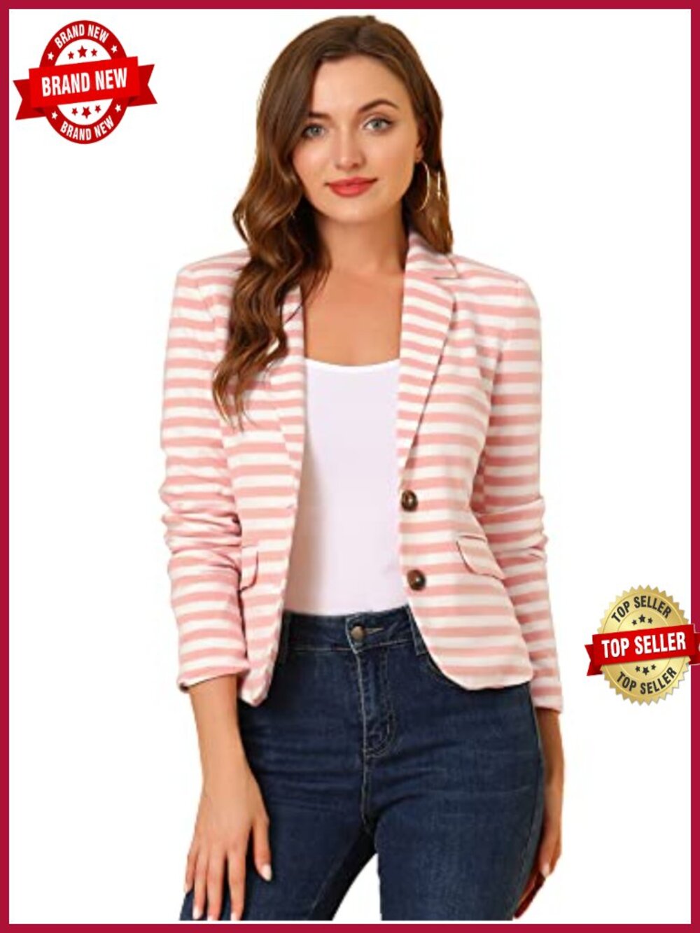 Women's Striped Blazer Suit Jacket Two-Button Long Sleeve Lined